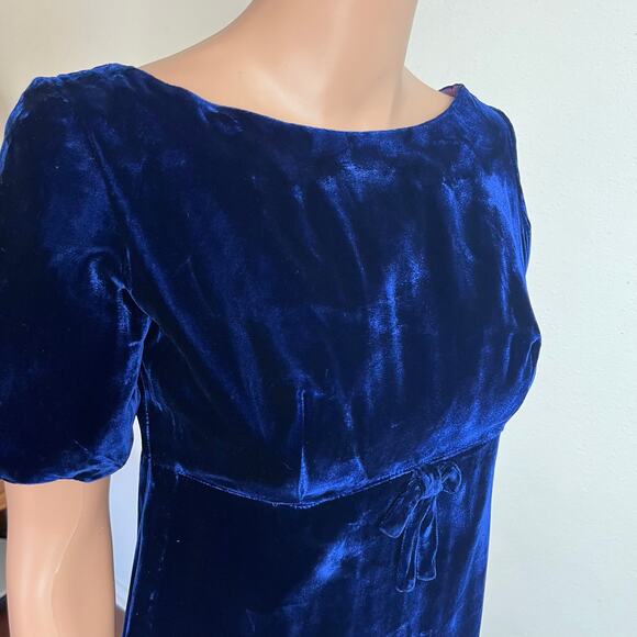 Vintage 60s Blue‎ Velvet Empire Waist Maxi Dress // Size XS - Picture 2 of 8